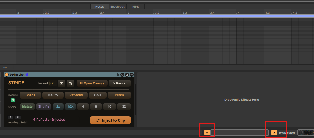 In Arrangement view, turn on the track's two unfold arrows so the rack and clip are reachable, then select the MIDI clip in the Detail view