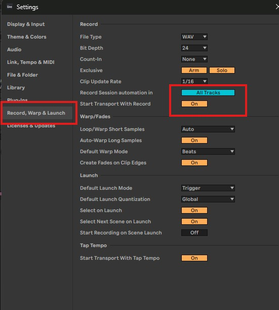 Ableton Settings, Record Warp and Launch panel: set Record Session automation in to All Tracks, and Start Transport With Record to On
