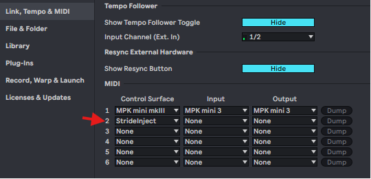 Choose StrideInject as the Control Surface in Ableton's Link, Tempo and MIDI settings