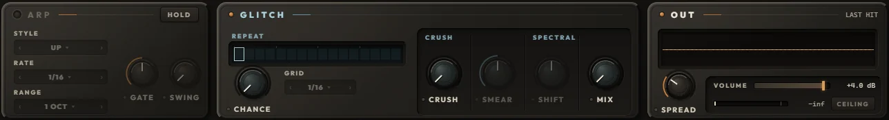 The ARP, GLITCH and OUT plates