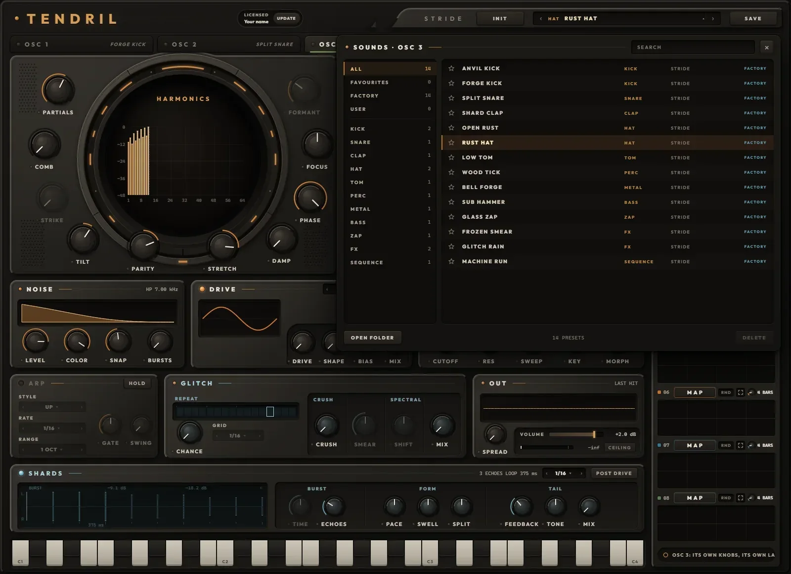 The SOUNDS browser on OSC 3: banks, categories, the factory list with stars