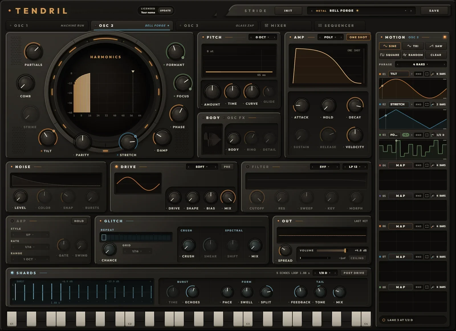 The Tendril OSC tab: the HARMONICS chamber with its ten knobs, PITCH, AMP, BODY and OSC FX, NOISE, DRIVE, FILTER, ARP, GLITCH, OUT, SHARDS, the keys and the MOTION panel