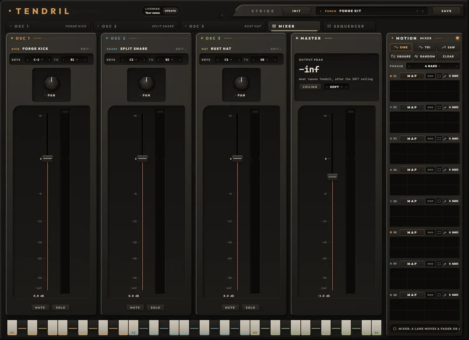 The MIXER tab: three OSC strips with KEYS, PAN, fader, meter, MUTE and SOLO, the MASTER strip with OUTPUT PEAK and the CEILING switch