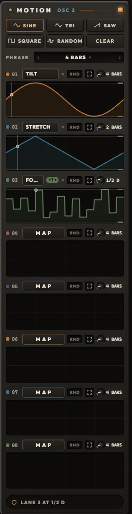 The MOTION panel with three lanes mapped, each header ending in its RATE knob and value