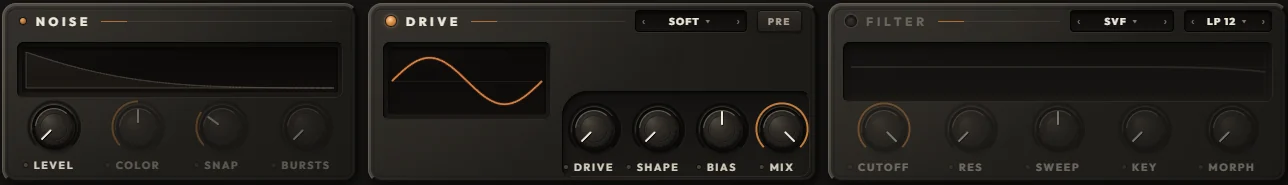 The NOISE, DRIVE and FILTER plates