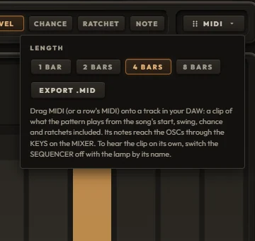 The MIDI menu: LENGTH, EXPORT .MID and its note