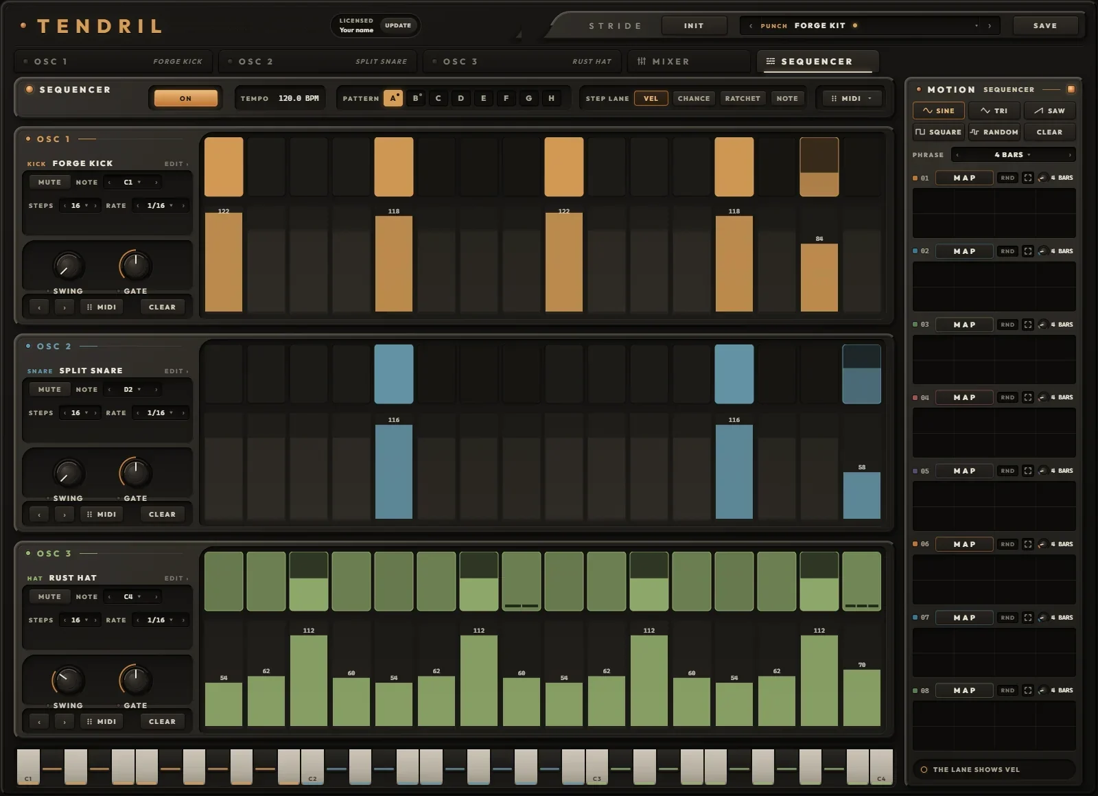 The SEQUENCER tab inside a DAW: ON, TEMPO, PATTERN A to H, STEP LANE, MIDI, and three rows of steps with their velocity lanes