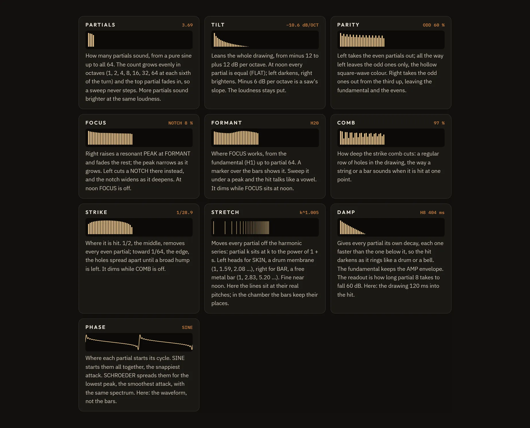The ten HARMONICS knobs from the Tendril manual, each card drawing what its knob does to the partials