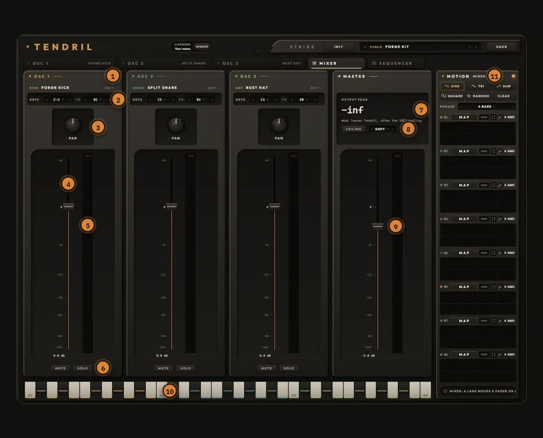 The mixer from the Tendril manual, every control numbered