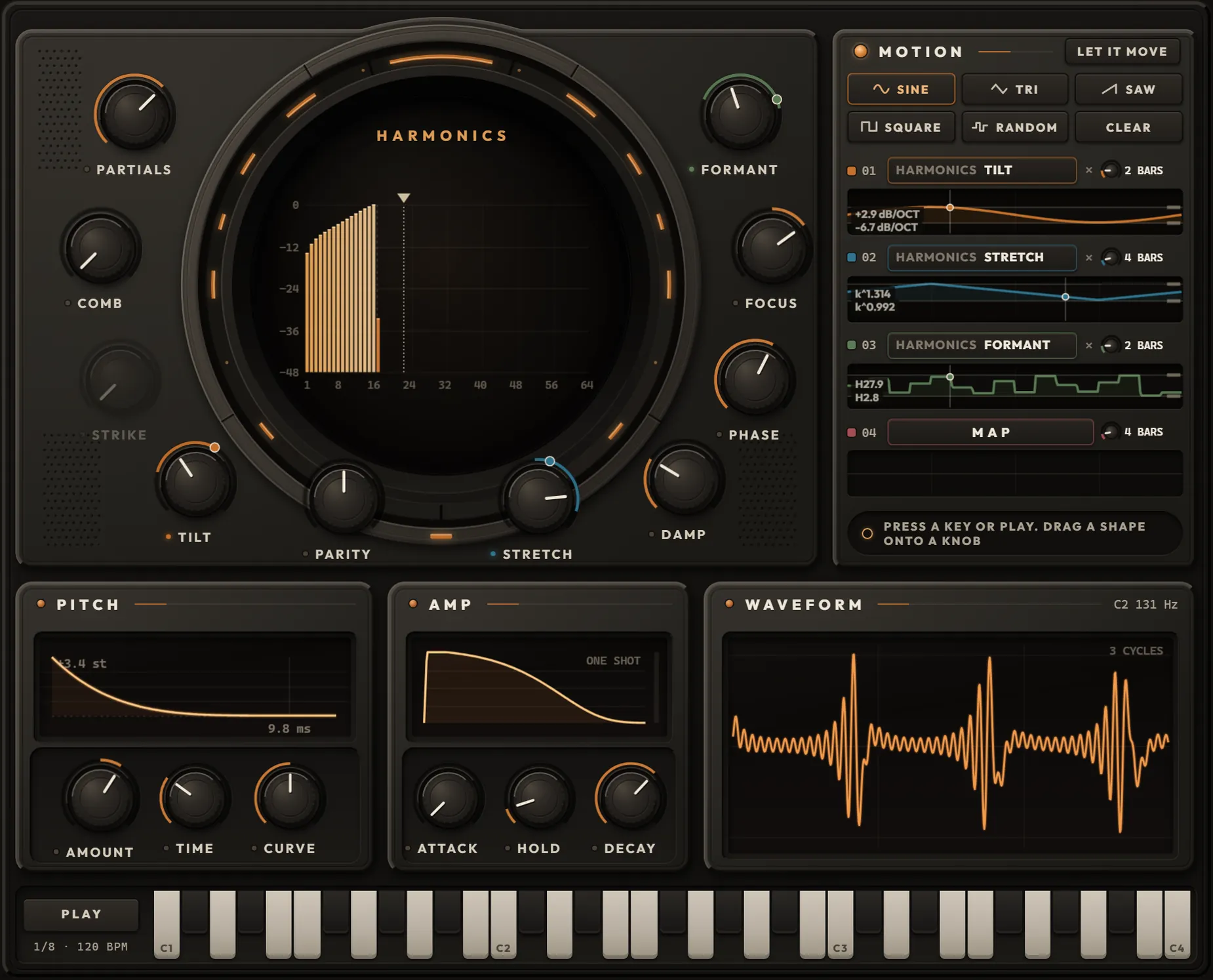 The playable rack from the Tendril manual: the HARMONICS chamber, its MOTION lanes, PITCH, AMP, the waveform and the keys