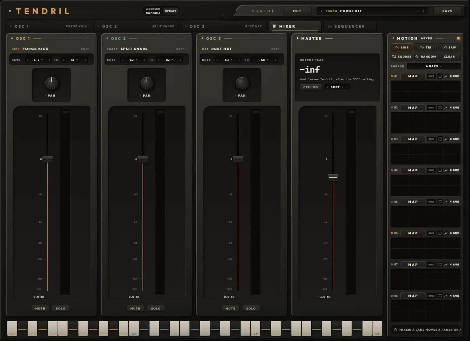 Tendril's mixer: a strip for each engine and the master